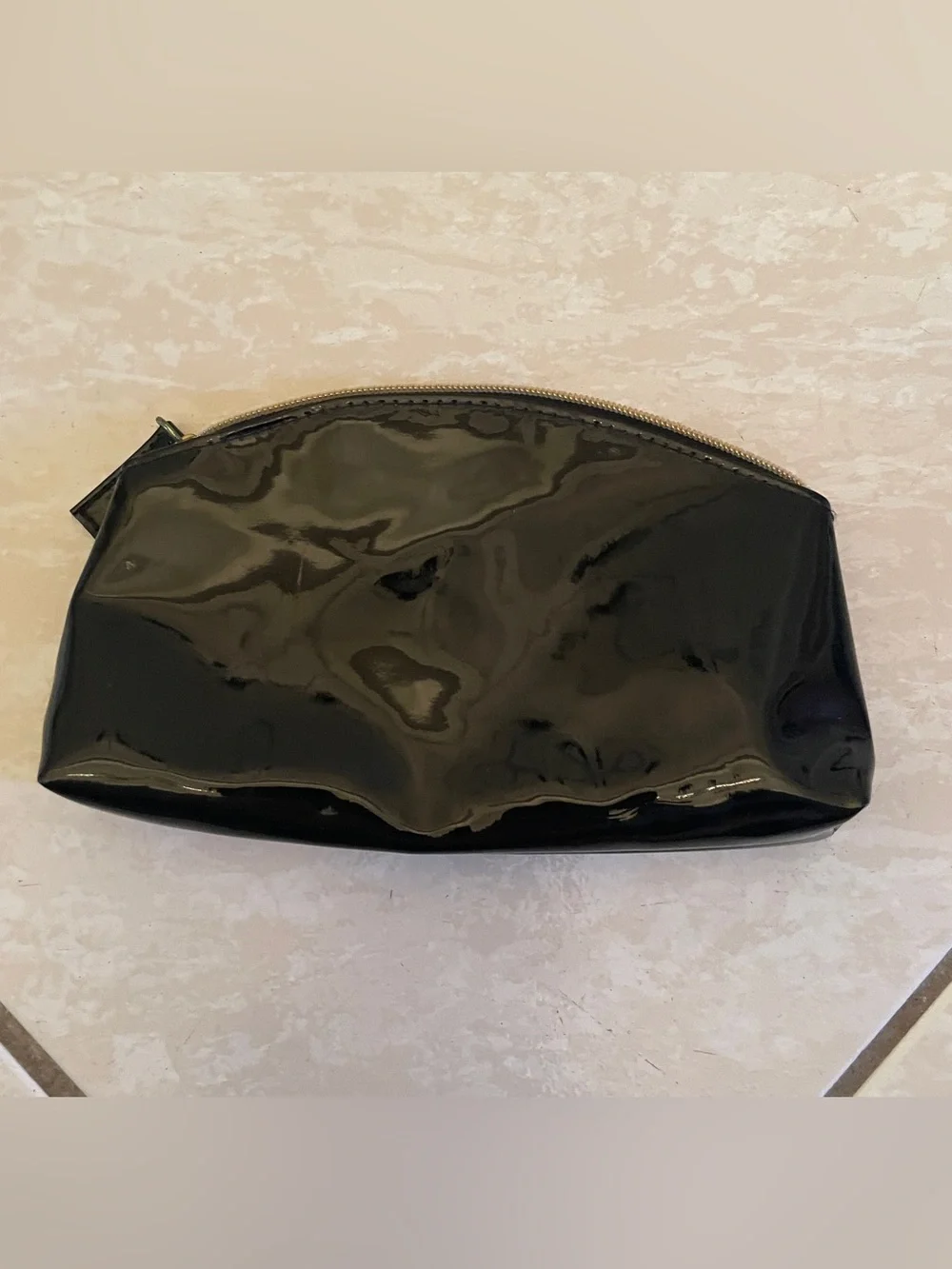 Vintage Glossy Black Patent Leather Cosmetic Bag Gold Zipper Small